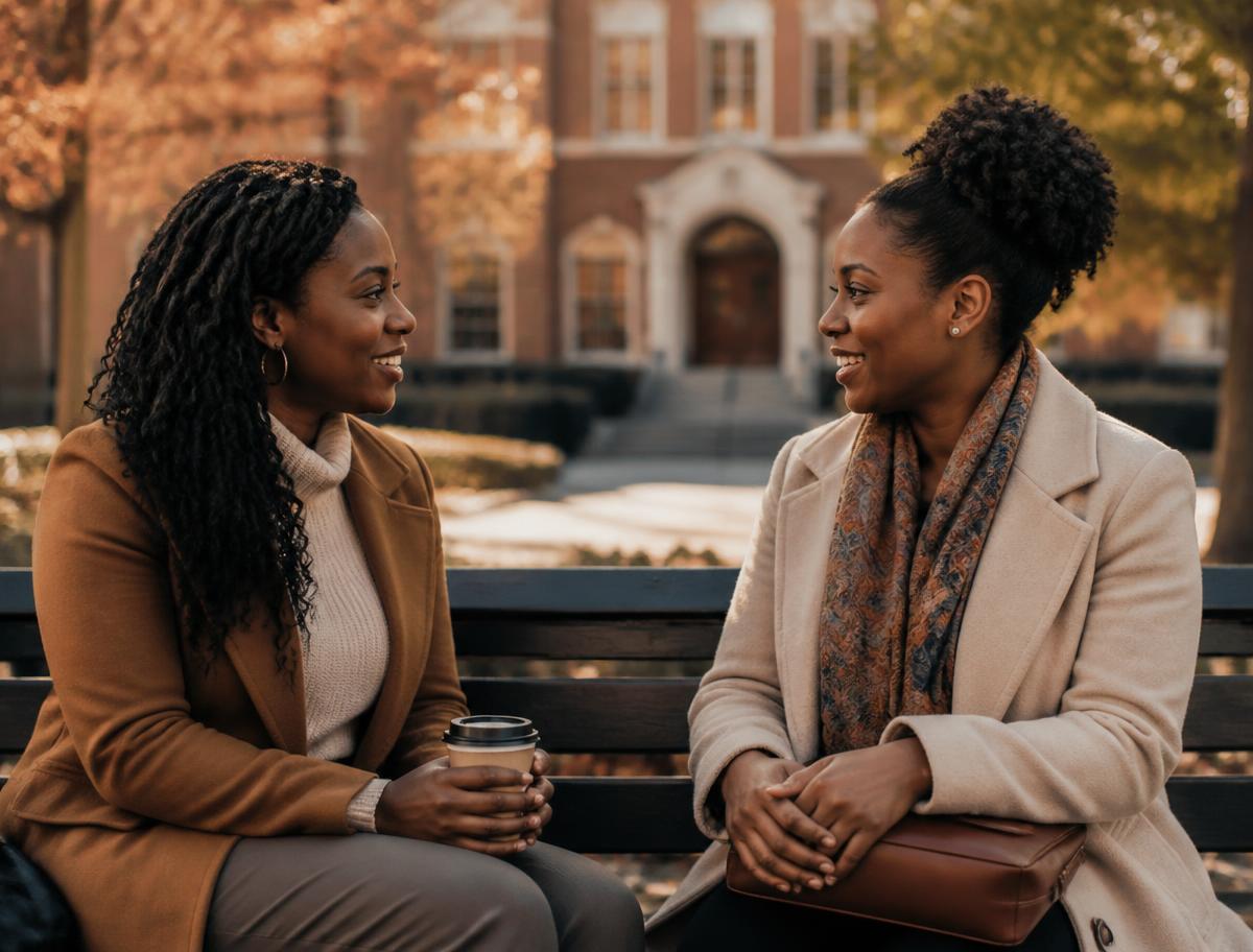 Two Black women in higher education talking on a campus bench