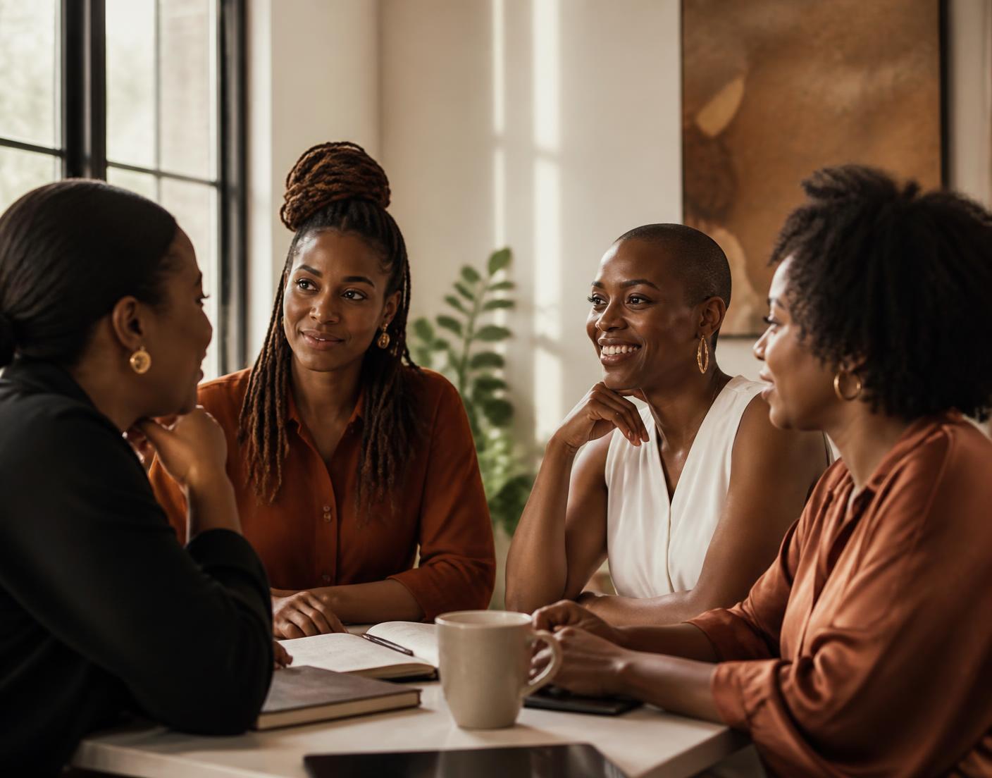 Four Black women in warm conversation around a sunlit table